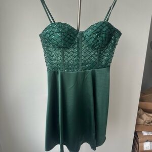 Lulu's Dark Green Beaded Mesh Bustier Mini Dress